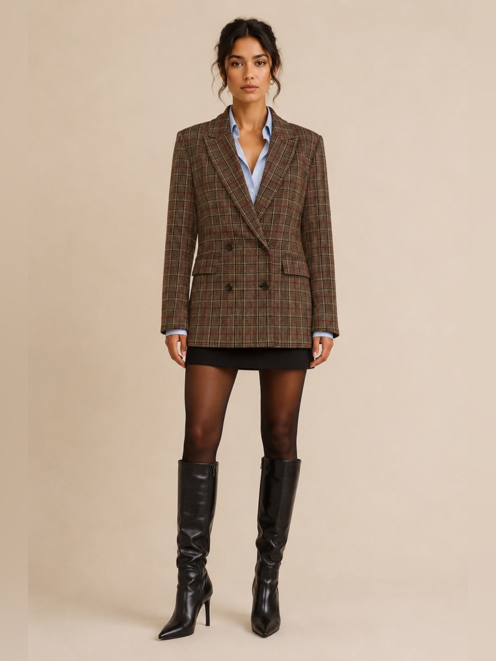 Reformation Winston Double-Breasted Wool-Blend Blazer Brown Plaid Old Money